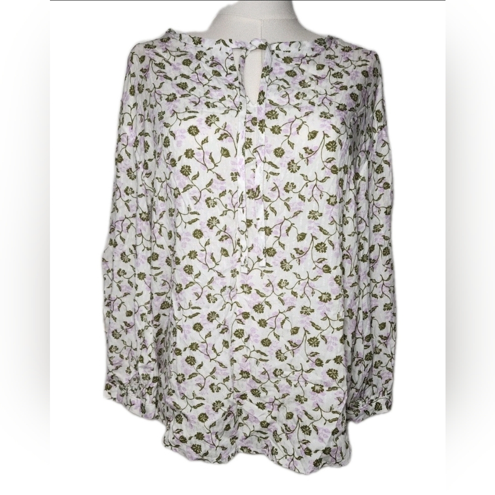Caslon Split Neck Blouse Floral Print Shirt Longer Back Tunic 100% Rayon Size S